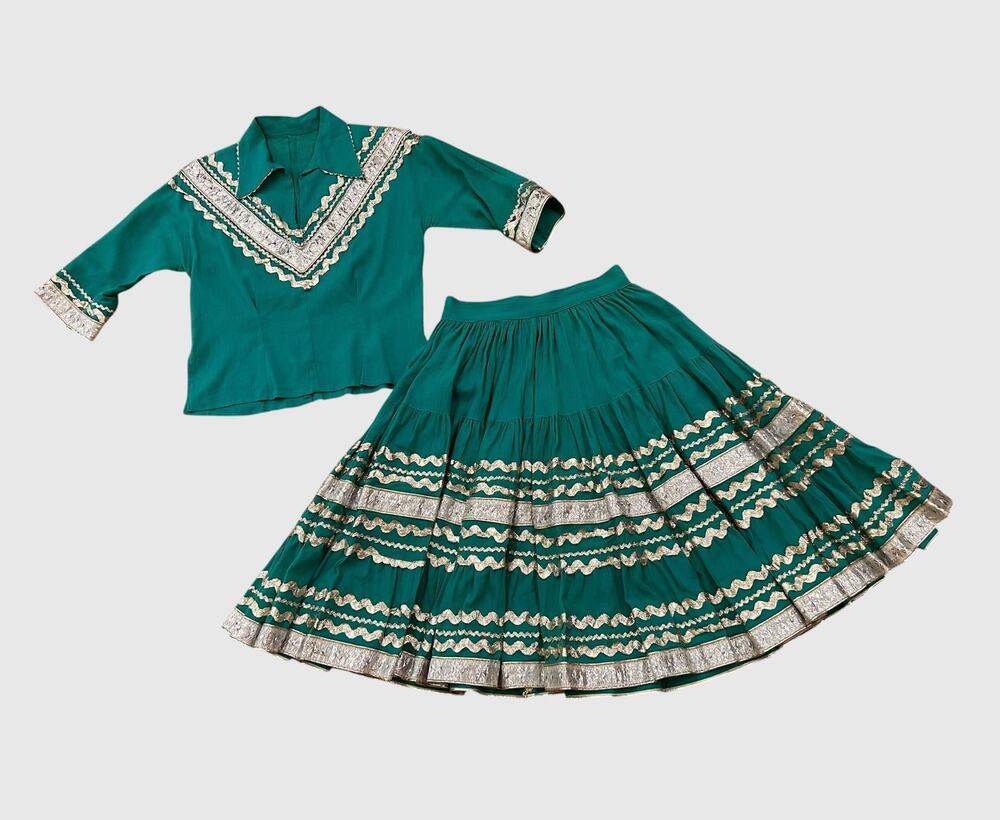 Vintage 1950s Turquoise Western Square Dance 2 Pc Circle Skirt Set XS 24 Waist -